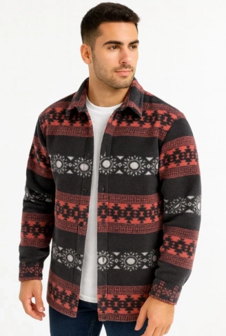 Erkek Desenli Polar Gömlek – Etnik Şerit Desen Yakalı, Uzun Kollu, Düğmeli, Oversize Rahat Kalıp - Füme