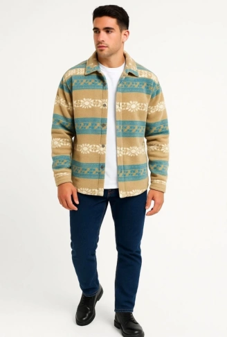 Erkek Desenli Polar Gömlek – Etnik Şerit Desen Yakalı, Uzun Kollu, Düğmeli, Oversize Rahat Kalıp - Sarı