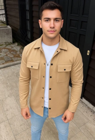 Erkek Diagonal Kumaş Cepli Çıtçıtlı Uzun Kollu, Gömlek Oversize Rahat Kalıp Günlük Şık Stil - Bej