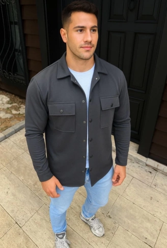 Erkek Diagonal Kumaş Cepli Çıtçıtlı Uzun Kollu, Gömlek Oversize Rahat Kalıp Günlük Şık Stil - Füme