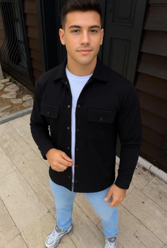 Erkek Diagonal Kumaş Cepli Çıtçıtlı Uzun Kollu, Gömlek Oversize Rahat Kalıp Günlük Şık Stil - Siyah