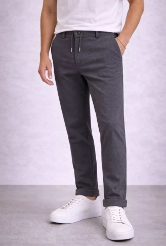 Erkek Diagonel Mikro Dokulu Duble Paça Cepli Pantolon Bağcıklı Bel, Modern Kesim - Füme