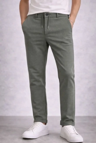 Erkek Diagonel Mikro Dokulu Duble Paça Cepli Pantolon Bağcıklı Bel, Modern Kesim - Haki