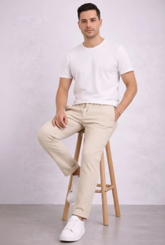 Erkek Diagonel Mikro Dokulu Duble Paça Cepli Pantolon Bağcıklı Bel, Modern Kesim - Krem