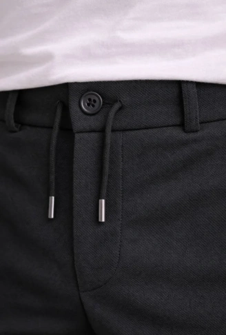 Erkek Diagonel Mikro Dokulu Duble Paça Cepli Pantolon Bağcıklı Bel, Modern Kesim - Siyah