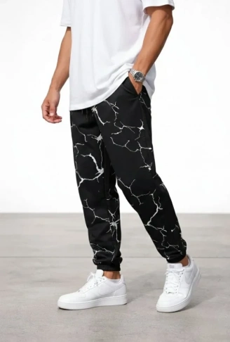 Erkek Dijital Baskılı Eşofman Altı Kışlık Üç İplik Şardonlu Kumaş Lastikli Paça, Cepli, Rahat Kalıp - Siyah