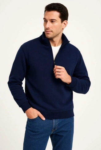 Erkek Dik Yaka Sweatshirt Dik Yaka Yarım Fermuarlı 3 İplik Şardonlu Pamuk Kumaş - Lacivert