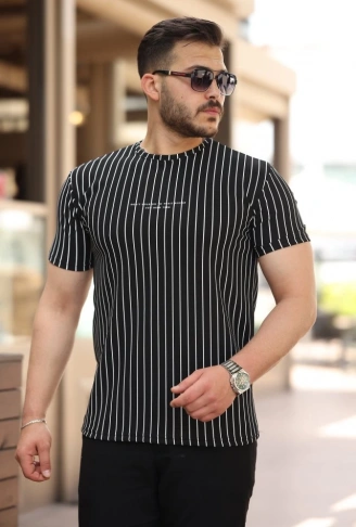 Erkek Dikey çizgili Ottoman Kumaş Kısa Kollu T-shirt