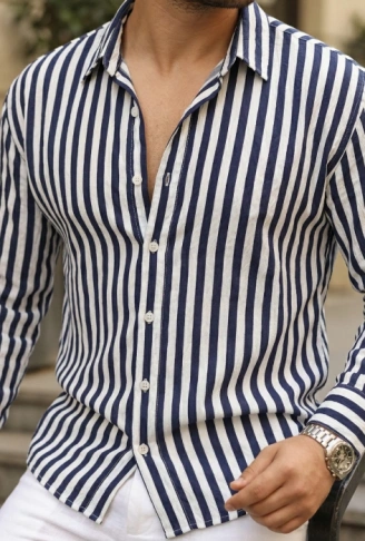 Erkek Dikey Çizgili Yarım Oversize Gömlek