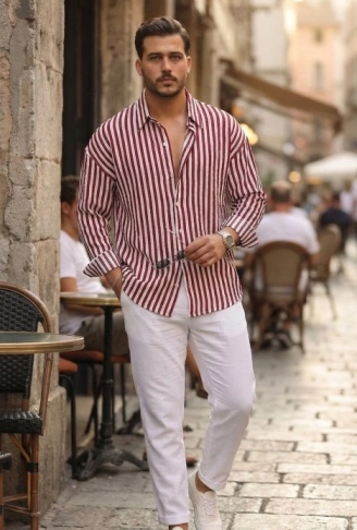 Erkek Dikey Çizgili Yarım Oversize Gömlek