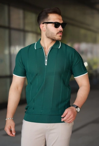 Erkek Dikey Kabartmalı Örgü Dokulu Fermuar Yakalı Tişört