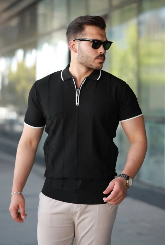 Erkek Dikey Kabartmalı Örgü Dokulu Fermuar Yakalı Tişört