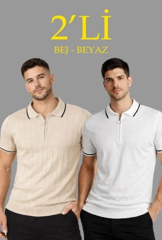 Erkek Dokuma Triko Tişört Fermuar Yakalı Yazlık Kısa Kol T-Shirt 2’li Set Bej-Beyaz