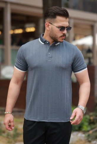 Erkek Düğme Yakalı Jakar Kumaş Kısa Kollu Tişört