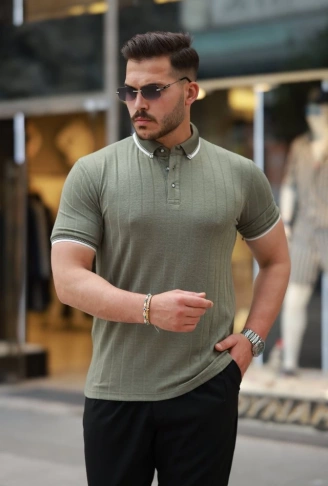 Erkek Düğme Yakalı Jakar Kumaş Kısa Kollu Tişört