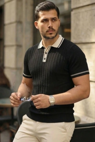 Erkek Düğme Yakalı Kontrast Yaka Triko Tişört