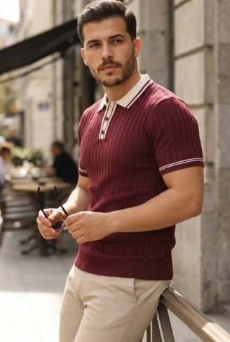 Erkek Düğme Yakalı Kontrast Yaka Triko Tişört