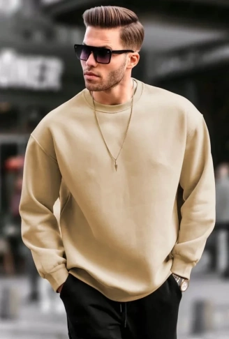 Erkek Düz Bisiklet Yaka Sweat - Bej