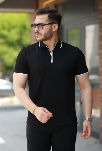 Erkek Fermuar Yakalı çizgi Detaylıkısa Kollu Tişört