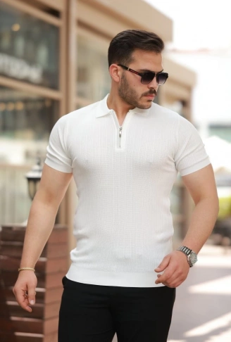 Erkek Fermuar Yakalı Kısa Kollu Tişört