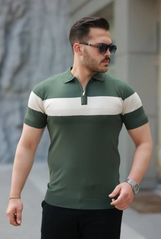 Erkek Fermuar Yakalı şerit Renk Desenli Kısa Kollu Tişört