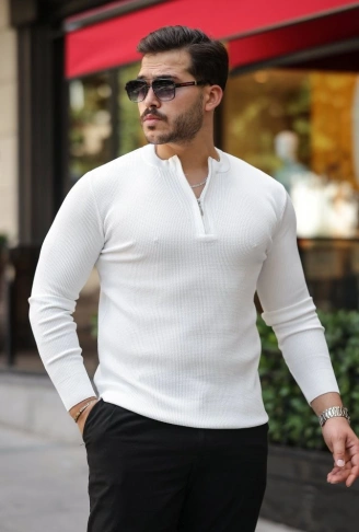 Erkek Fermuarlı Bisiklet Yaka Dokulu Uzun Kollu Triko