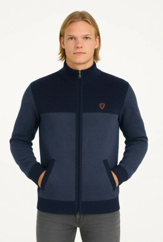 Erkek Fermuarlı Triko Hırka Yüksek Yaka, Cepli, Günlük Şık Rahat Kalıp Triko - Lacivert