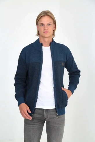 Erkek Fermuarlı Triko Hırka Yüksek Yaka, Cepli, Günlük Şık Rahat Kalıp Triko - Mavi