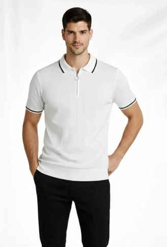 Erkek Fermuarlı Yaka Fitilli Triko Kısa Kollu Regular Fit Tişört T-shirt - Beyaz