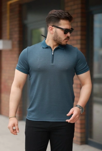 Erkek Fermuarlı Yaka Kısa Kollu Tişört