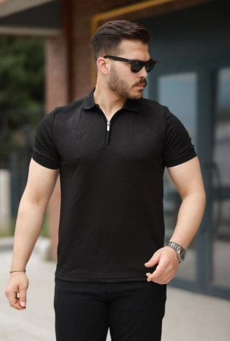 Erkek Fermuarlı Yaka Kısa Kollu Tişört
