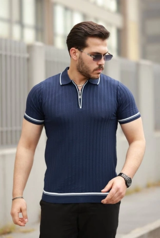 Erkek Fermuarlı Yakalı Kısa Kollu T-shirt