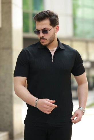Erkek Fermuarlı Yakalı Kısa Kollu Tshirt