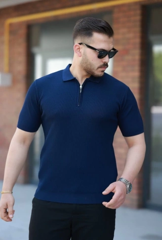 Erkek Fermuarlı Yakalı Kısa Kollu Tshirt