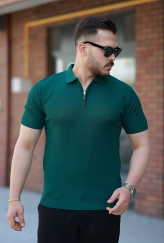 Erkek Fermuarlı Yakalı Kısa Kollu Tshirt