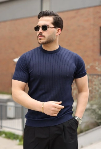 Erkek Fitilli Bisiklet Yaka Triko Tişört