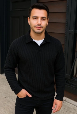 Erkek Fitilli Polar Sweatshirt – Düğmesiz Polo Yaka, Oversize Rahat Kalıp, Kalın Polar Kumaş, Kışlık Ve Baharlık Şık Günlük Üst - Siyah