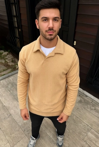 Erkek Fitilli Polar Sweatshirt – Düğmesiz Polo Yaka, Oversize Rahat Kalıp, Kalın Polar Kumaş, Kışlık Ve Baharlık Şık Günlük Üst - Bej