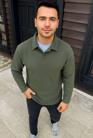 Erkek Fitilli Polar Sweatshirt – Düğmesiz Polo Yaka, Oversize Rahat Kalıp, Kalın Polar Kumaş, Kışlık Ve Baharlık Şık Günlük Üst - Haki