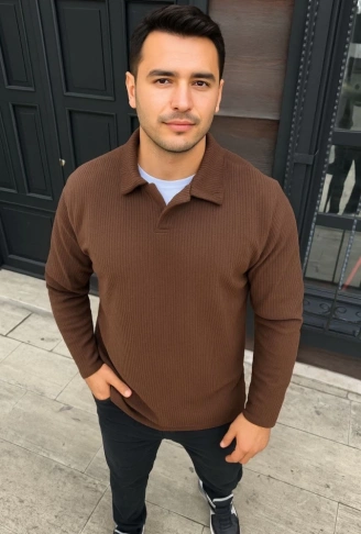 Erkek Fitilli Polar Sweatshirt – Düğmesiz Polo Yaka, Oversize Rahat Kalıp, Kalın Polar Kumaş, Kışlık Ve Baharlık Şık Günlük Üst - Kahverengi