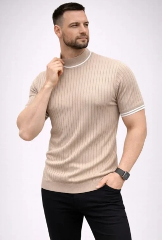 Erkek Fitilli Triko Dokuma Kısa Kol Tişört Yarım Boğaz Modern Yazlık T-Shirt - Bej
