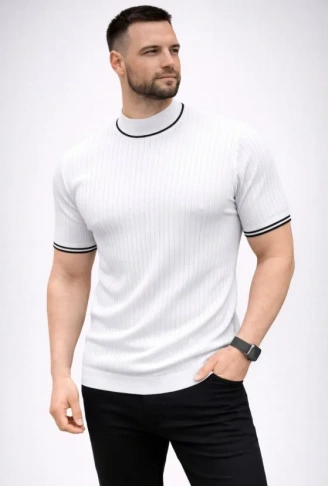 Erkek Fitilli Triko Dokuma Kısa Kol Tişört Yarım Boğaz Modern Yazlık T-Shirt - Beyaz