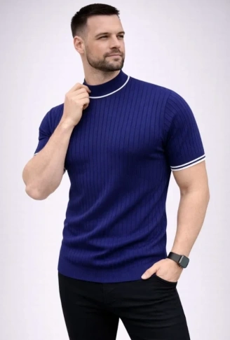 Erkek Fitilli Triko Dokuma Kısa Kol Tişört Yarım Boğaz Modern Yazlık T-Shirt - Lacivert