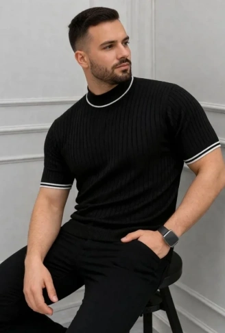 Erkek Fitilli Triko Dokuma Kısa Kol Tişört Yarım Boğaz Modern Yazlık T-Shirt - Siyah