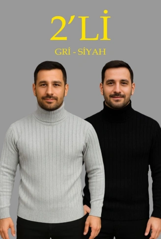 Erkek Fitilli Triko Kazak 2li Set Gri Siyah Regular Balıkcı Yaka Tam Boğazlı Triko Seti Modeli Kazak