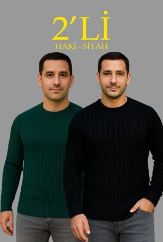 Erkek Fitilli Triko Kazak 2’li Set Siyah Haki Kalın Dokuma Pamuklu Regular Fit Bisiklet