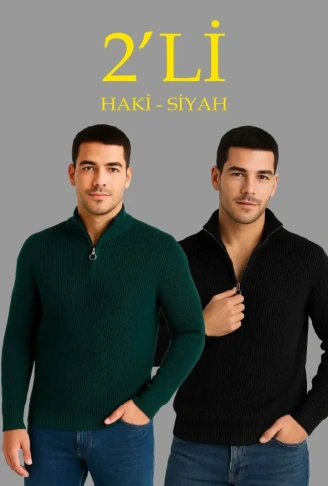 Erkek Fitilli Triko Kazak 2’li Set – Siyah - Haki Kalın Dokuma Pamuklu Regular Fit V Yaka Fermuarlı Uzun Kollu Rahat Kışlık Kazak Kombini