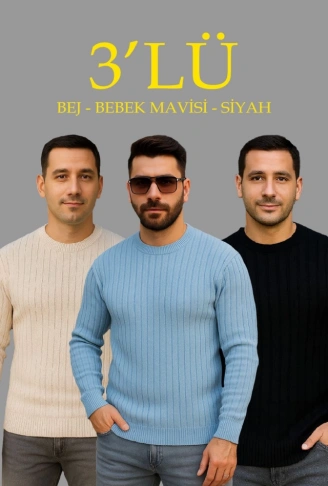 Erkek Fitilli Triko Kazak 3’lü Set – Bej, Bebek Mavisi, SiyahKalın Dokuma Pamuklu Regular Fit Bisiklet Yaka Uzun Kollu Kışlık Ve Baharlık Rahat Triko Kombini