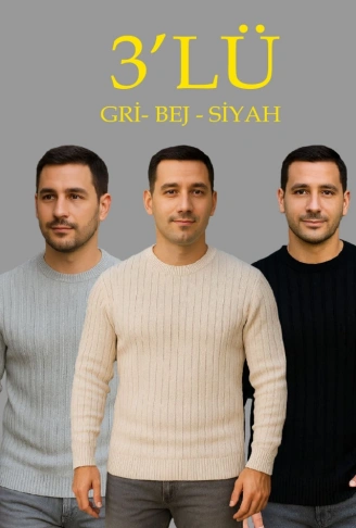 Erkek Fitilli Triko Kazak 3lü Set Bej Gri Siyah Regular Fit Bisiklet Yaka Triko Seti Kazak Modeli