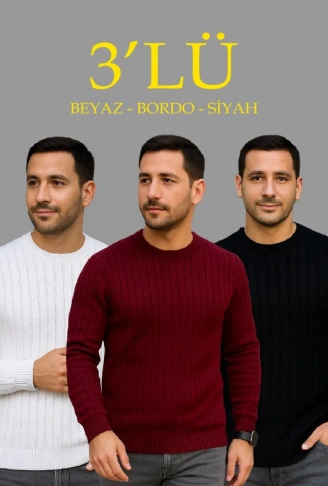 Erkek Fitilli Triko Kazak 3lü Set Beyaz Bordo Siyah Regular Fit Bisiklet Yaka Triko Seti